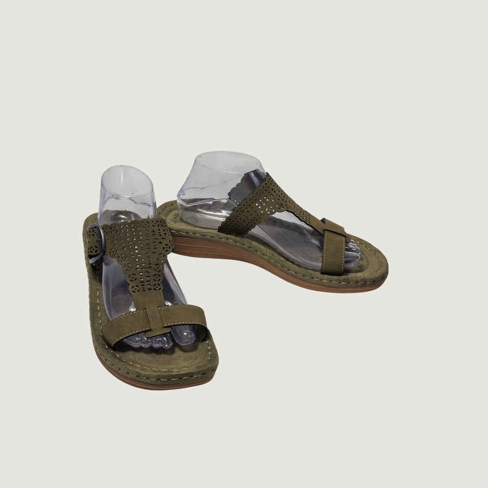 Earth Spirit Olive Green Laser Cut Slide Sandals Womens Size 10 Comfort Boho